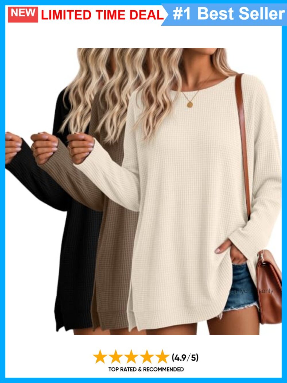 Waffle Knit Oversized Boat Neck Sweatshirt Tunic Side Slit 3 Pack